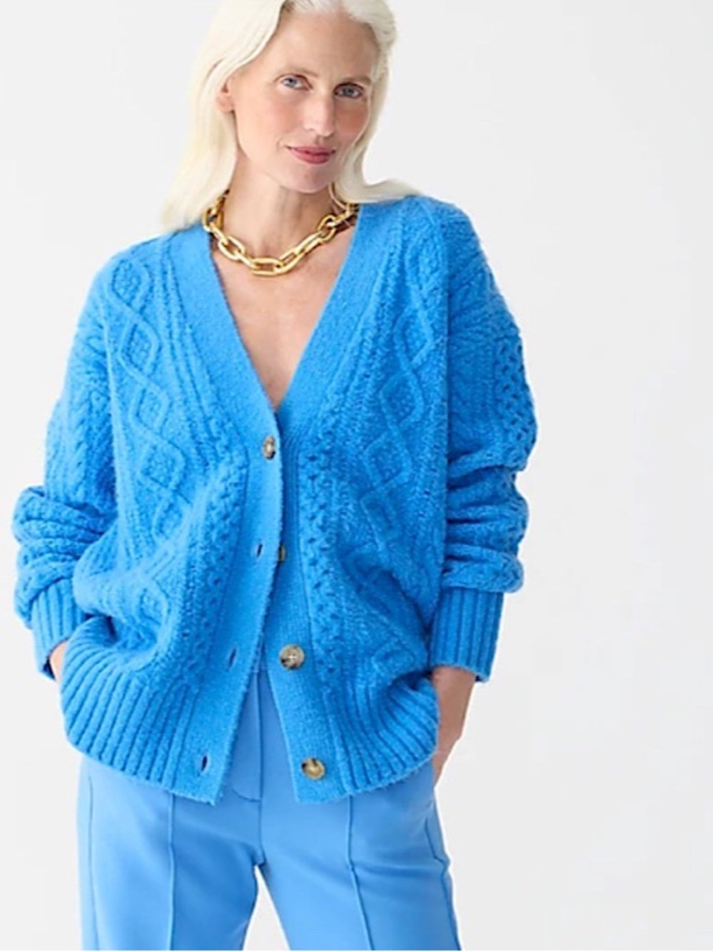 J.Crew wool alpaca blend Bright Blue Cable Knit oversized cardigan size S - Picture 9 of 9